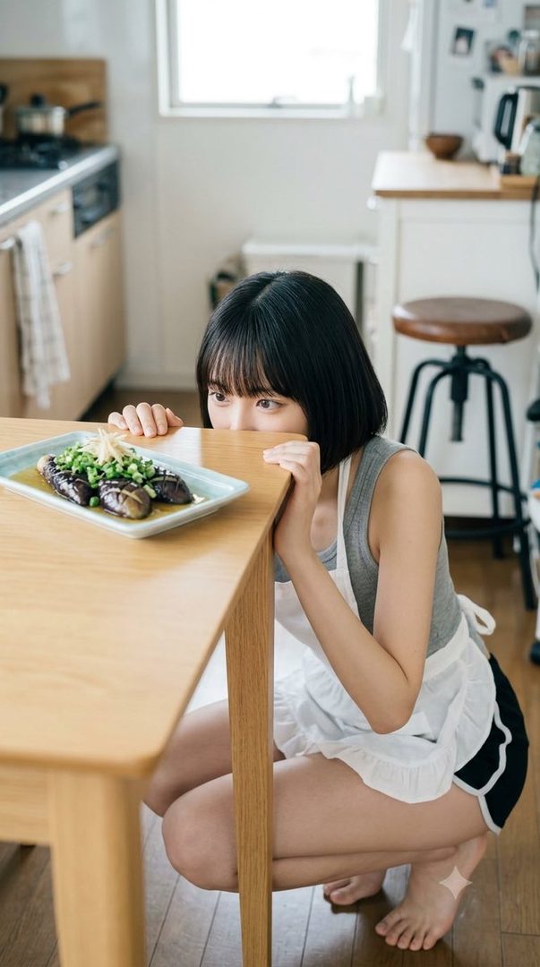 A young woman with black bob hair and bangs, wearing a grey tank top and white apron, crouches playfully behind a wooden table with a dish of food in a bright kitchen.