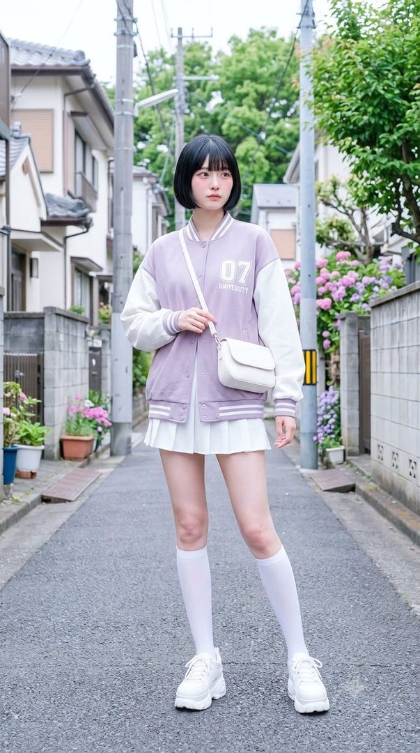 A young woman with a bob haircut and bangs, wearing a purple and white varsity jacket and a white pleated skirt, stands on a narrow street.