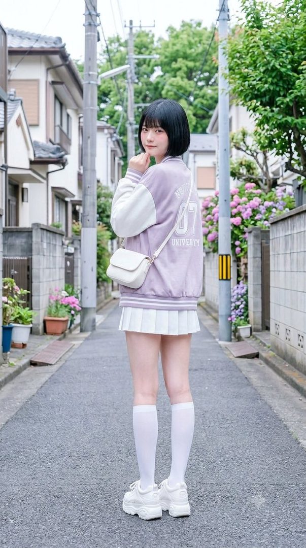 A young woman with short black hair, wearing a purple and white varsity jacket and a white pleated skirt, stands on a residential street.