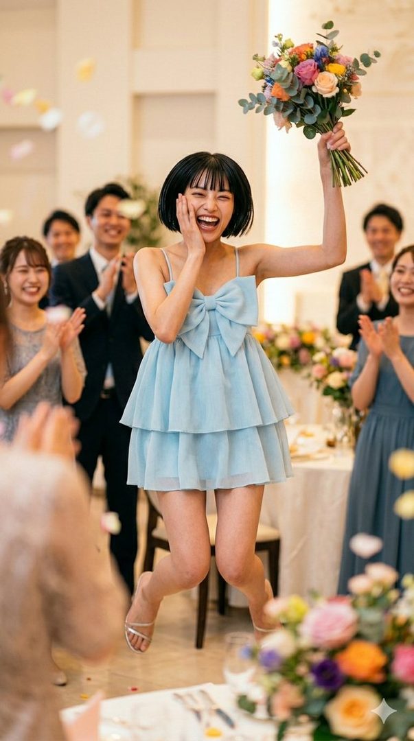 A joyful woman with short black hair and bangs, wearing a light blue dress with a large bow, jumps excitedly while holding a bouquet of flowers indoors, surrounded by applauding people.