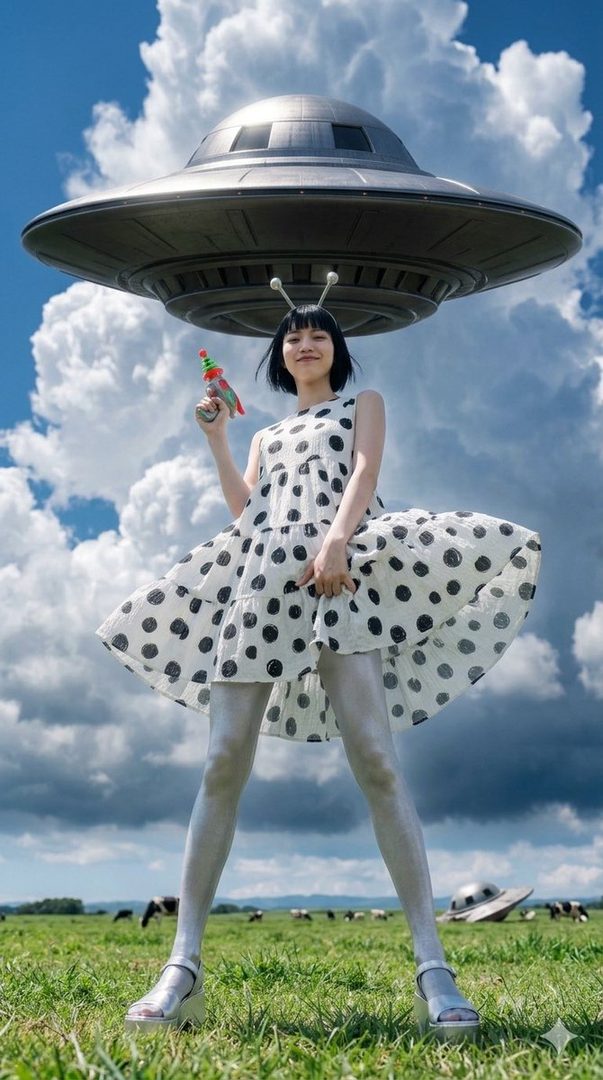 A woman in a polka dot dress and alien antennae headband holds a toy ray gun under a UFO in a grassy field with cows.