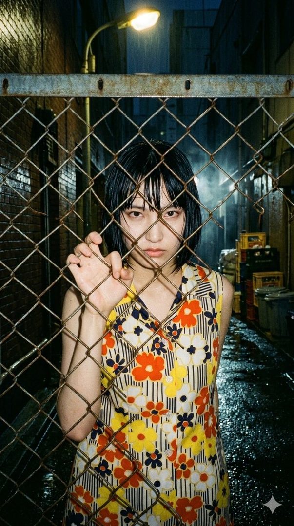 A young woman with short black hair and a floral dress looks through a chain-link fence on a rainy night street.
