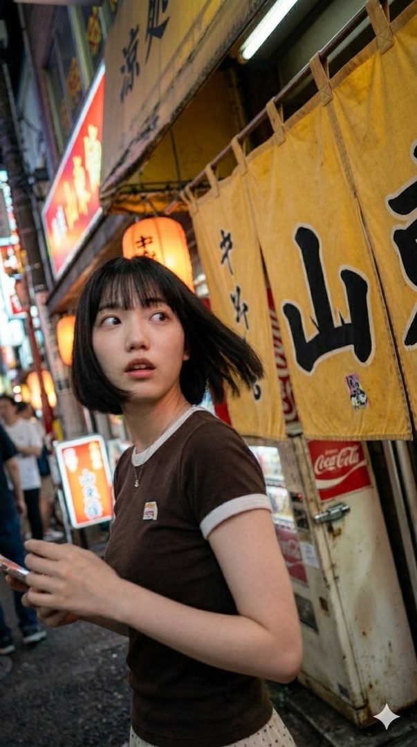 A young woman with short black hair and bangs looks surprised while standing on a bustling street at night, with Japanese lanterns and signs in the background.