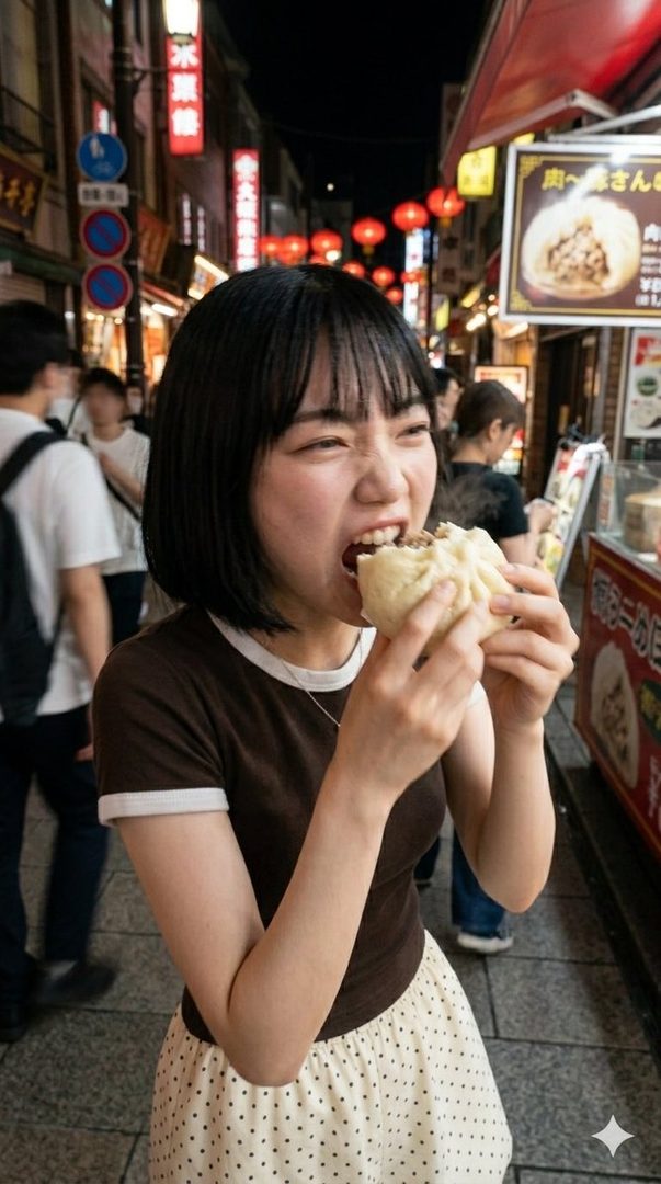 A young woman with short black hair and bangs is happily eating a steamed bun on a bustling street at night, with Chinese lanterns and signs in the background.