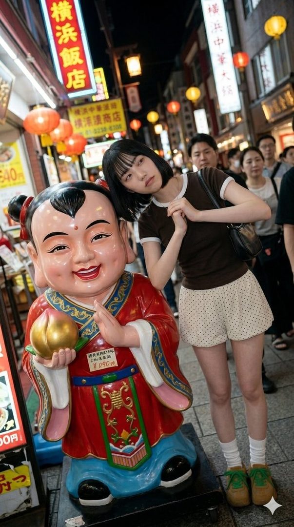 A young woman with short black hair poses next to a large statue in a bustling Chinatown street at night.