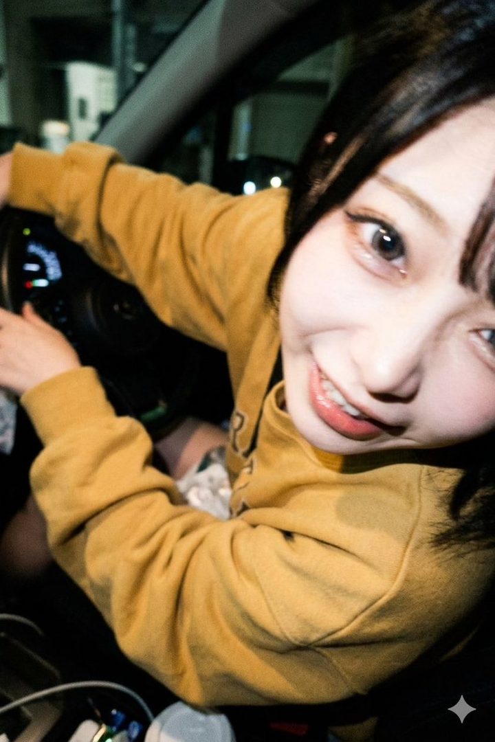 A young woman with black hair and a yellow sweater smiles playfully at the camera from inside a car at night.
