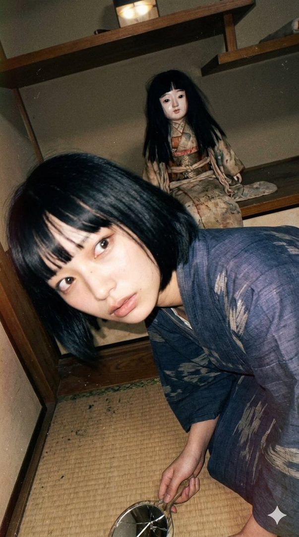 A woman with short black hair and bangs, wearing a kimono, kneels on a tatami mat next to a broken mirror, with a traditional Japanese doll in the background.