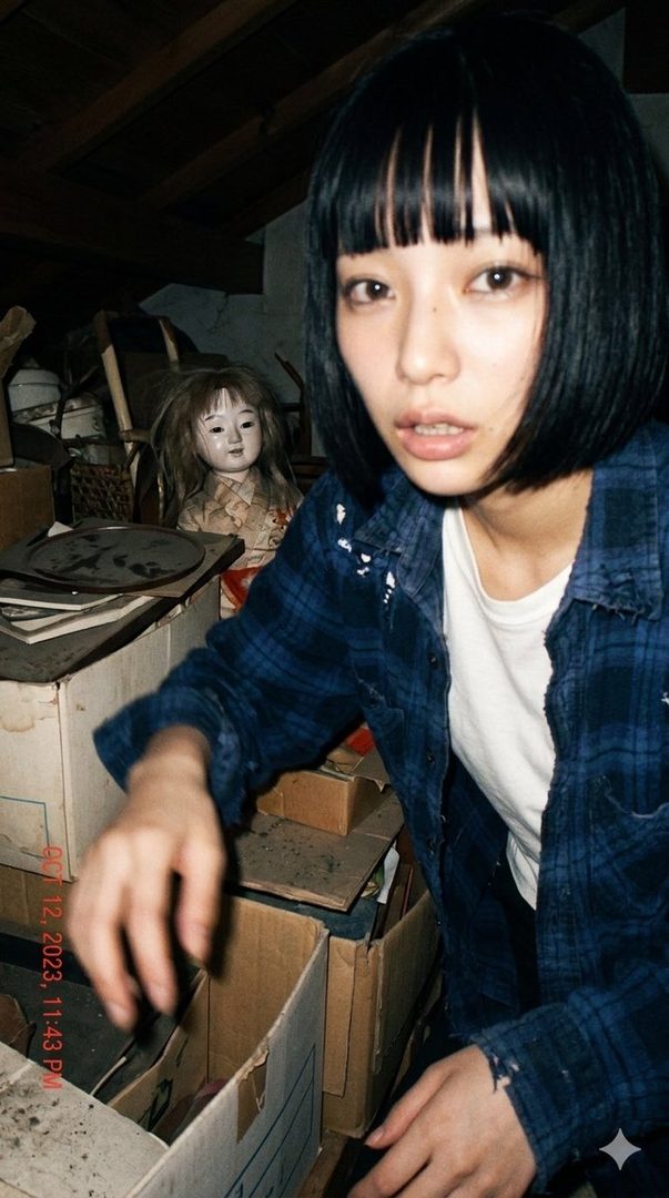 A woman with short black hair and bangs wears a plaid shirt and looks directly at the camera in a dimly lit, cluttered indoor setting with an old doll in the background.