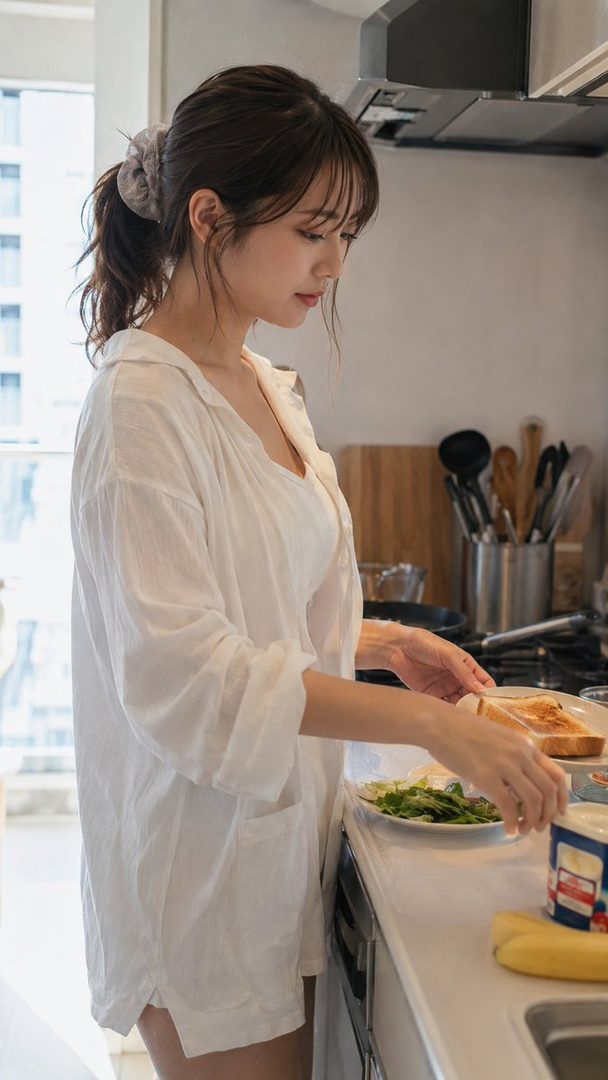 A young woman with brown hair tied in a ponytail is preparing breakfast in a bright kitchen, wearing a white shirt.