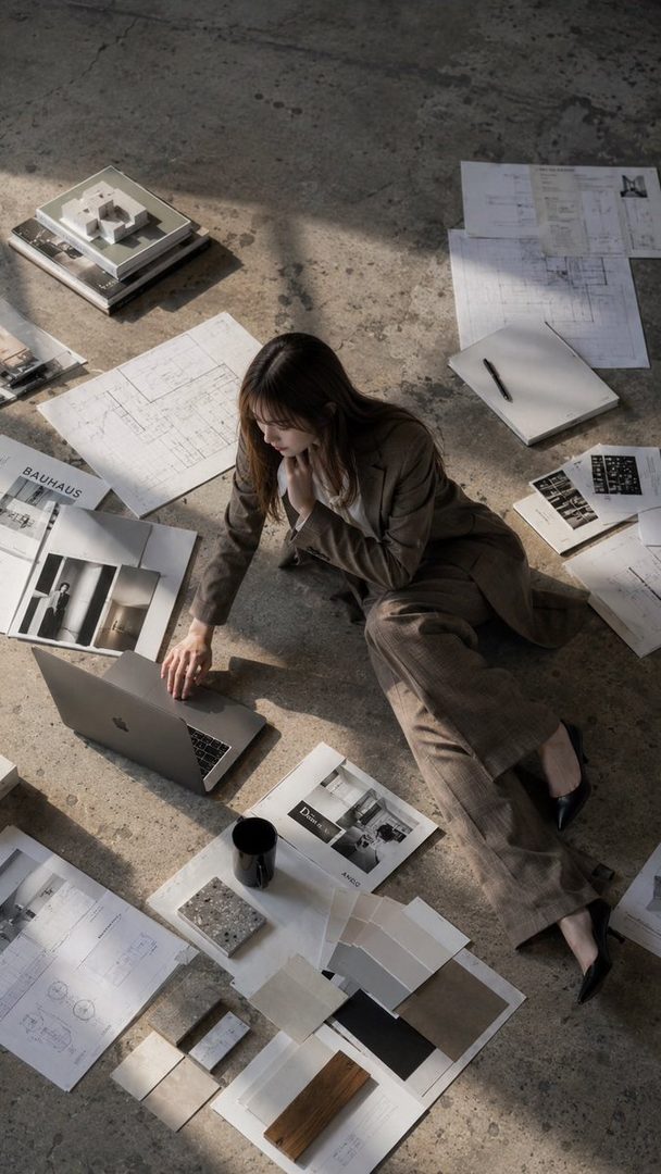 A woman in a brown suit sits on the floor surrounded by architectural plans, material samples, and a laptop, bathed in dramatic lighting.