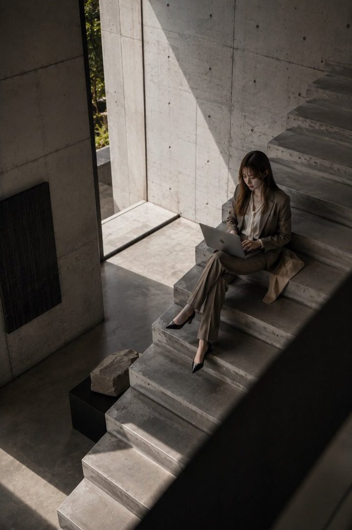 A woman in a brown suit sits on concrete stairs, working on a laptop in a modern, sunlit interior.