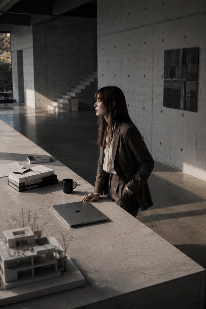A woman in a suit stands by a concrete counter with a laptop and books, looking out a window in a modern, minimalist concrete building.
