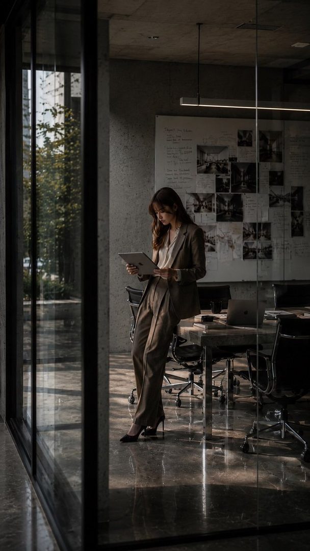 A woman in a brown suit stands in a modern office, looking at a tablet.