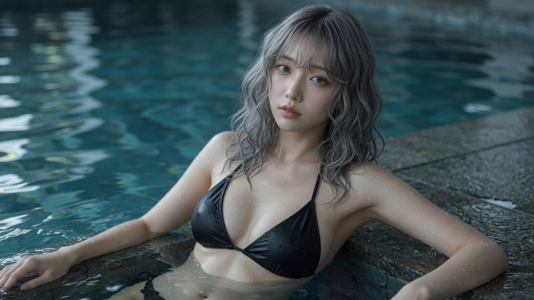 A woman with silver curly hair is in a swimming pool wearing a black bikini top.