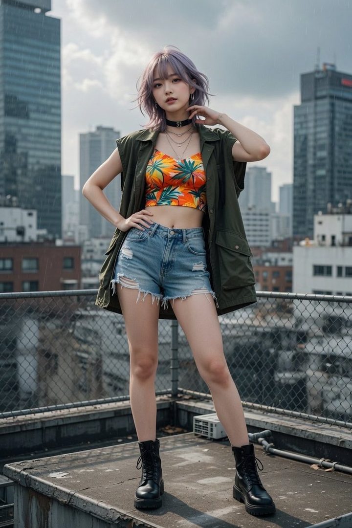 A young woman with purple hair and a tropical crop top poses on a city rooftop.