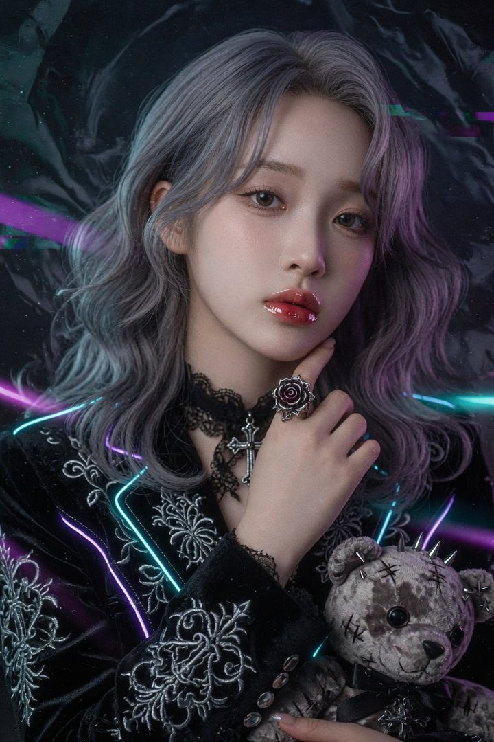 A woman with silver hair and a black embroidered jacket holds a spiked teddy bear, with neon lights in the background.