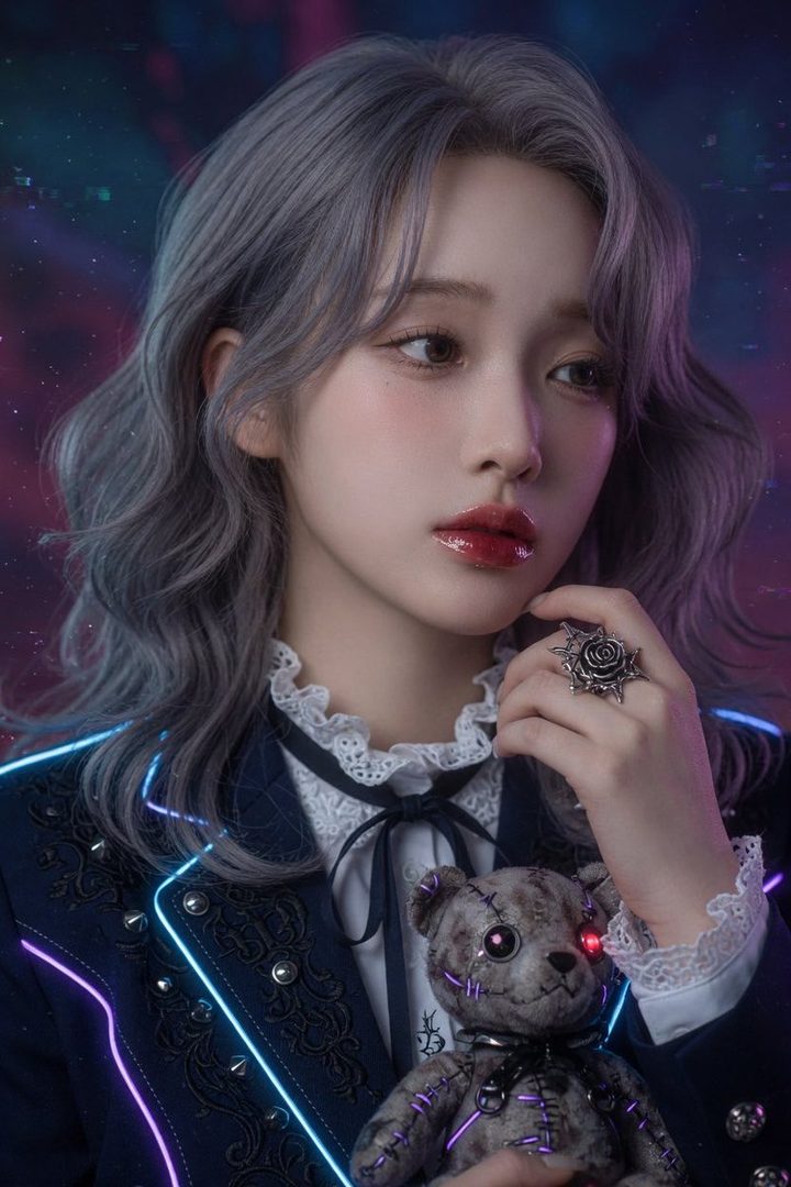 A woman with silver hair and a dark suit with neon accents holds a cybernetic teddy bear against a dark, futuristic background.