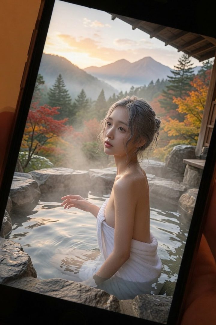 A woman with silver hair is seen from the waist up, wrapped in a white towel, in an outdoor hot spring with a mountainous autumn landscape in the background.