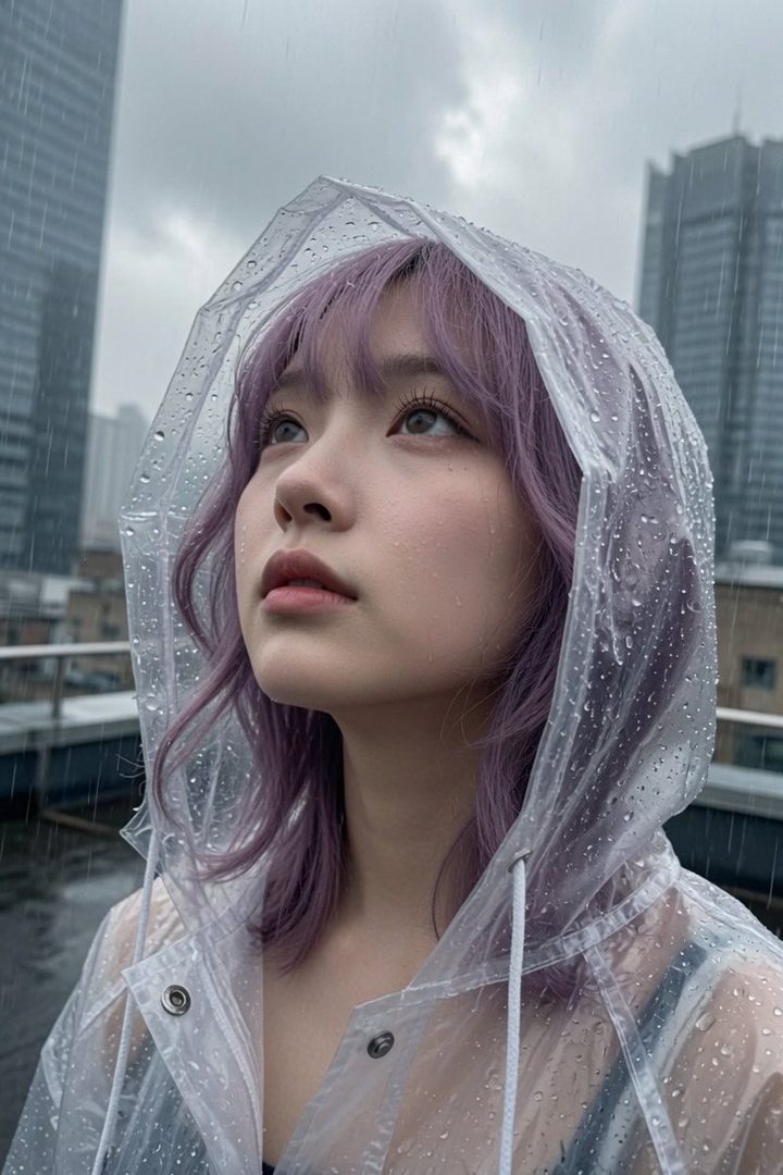 A young woman with purple hair and a clear raincoat looks up at the sky on a rainy day in the city.