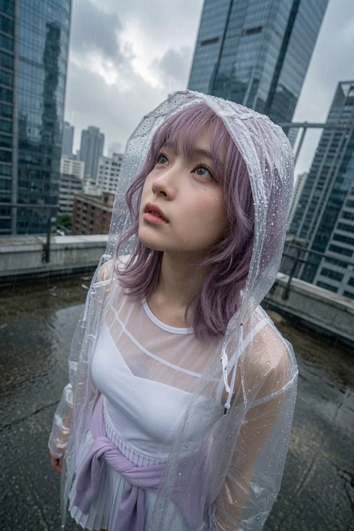A young woman with light purple hair and bangs wears a clear raincoat while looking up in the rain on a city rooftop.