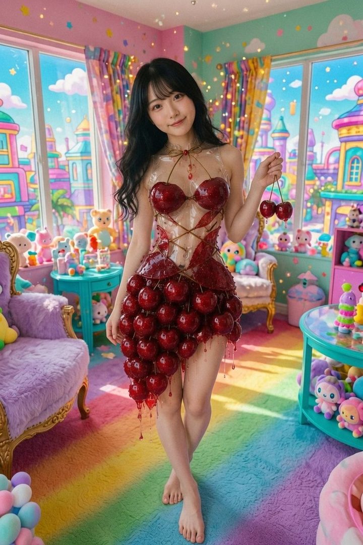 A young woman with long black hair and bangs wears a cherry-themed dress in a colorful, toy-filled room.