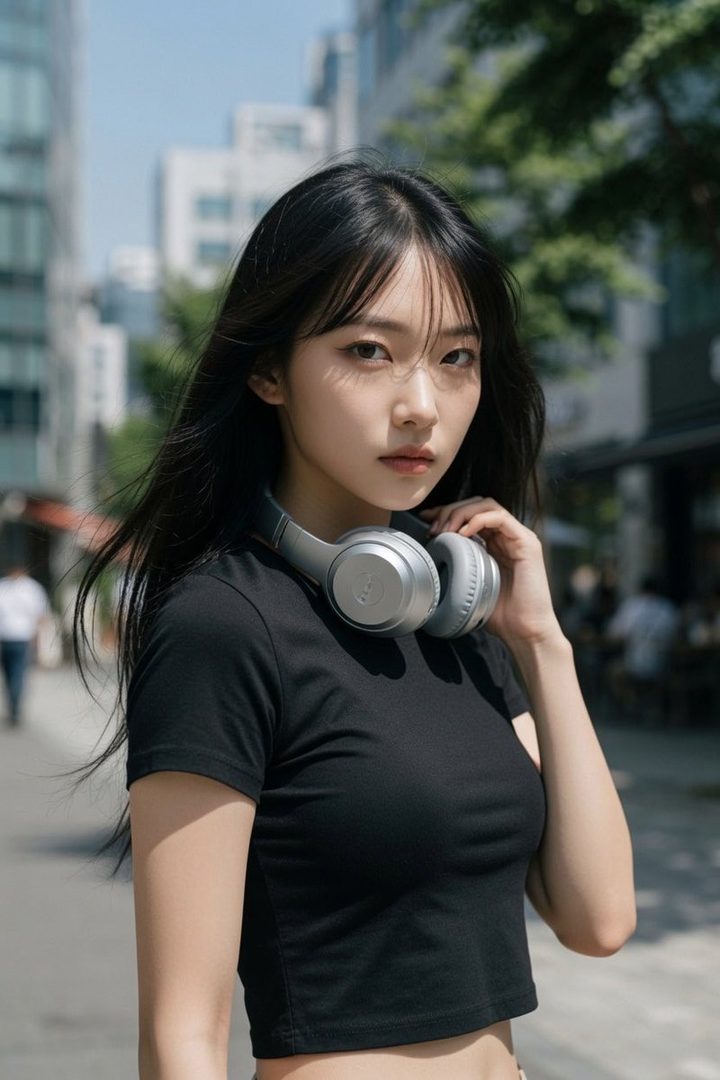 A young woman with long black hair and bangs wears a black crop top and headphones around her neck, standing on a city street.