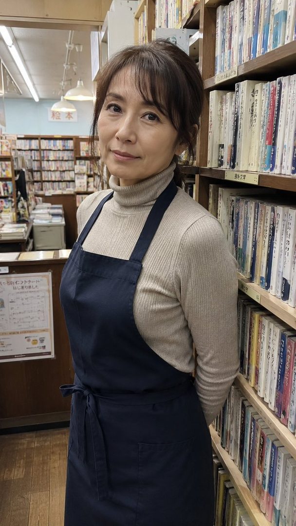 A Japanese woman with brown hair wearing a beige turtleneck and a dark blue apron stands in a bookstore.