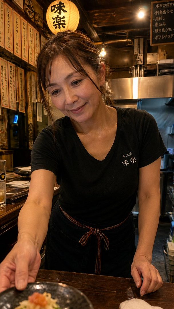 A Japanese woman with brown hair smiles while serving food in a traditional izakaya.