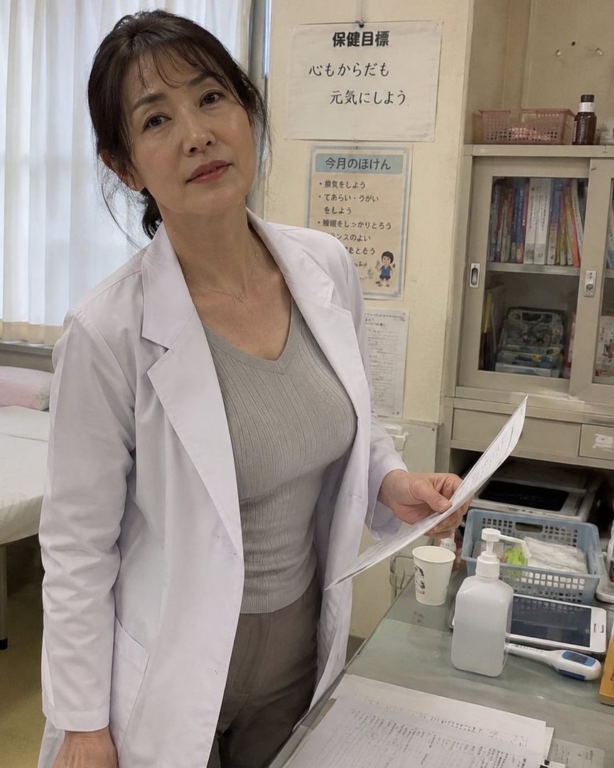 A woman in a white lab coat and a grey top stands in an indoor setting, holding papers.