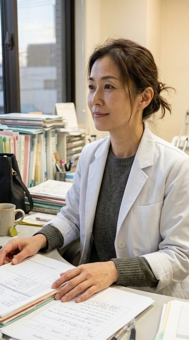 A professional woman with brown hair, wearing a white lab coat and a grey sweater, is seated at a desk with papers and a mug, looking thoughtfully to the side.