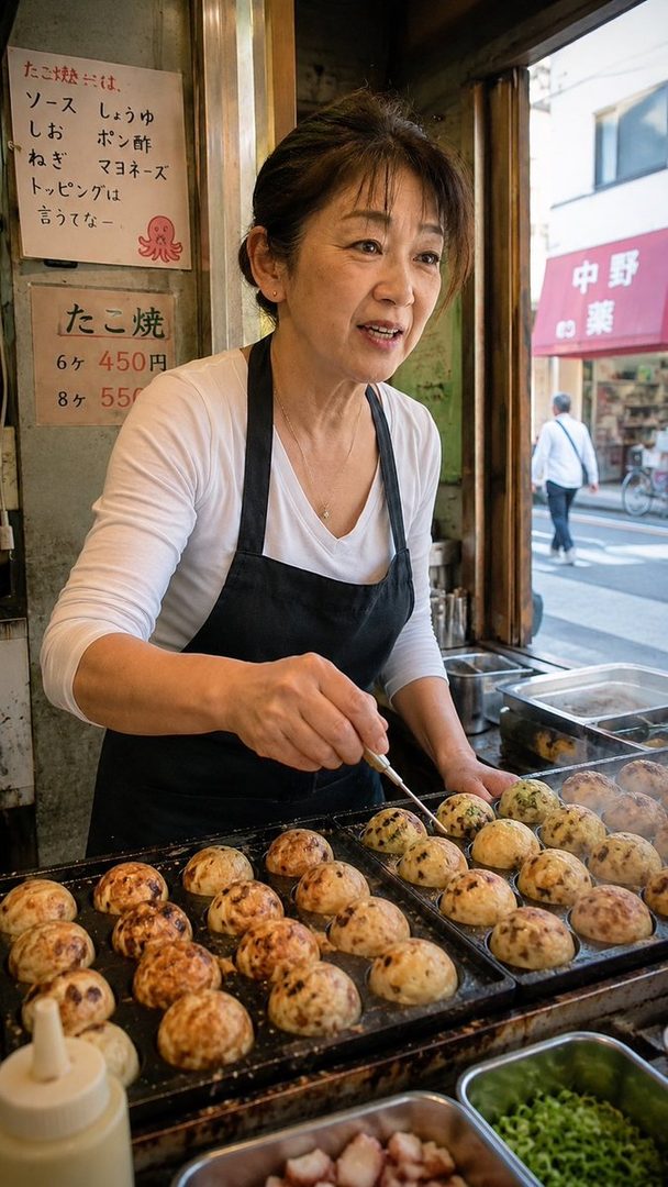 A Japanese woman in an apron is making takoyaki at a street stall during the daytime.