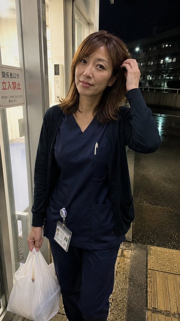 A woman in a dark blue scrub top and cardigan stands outdoors at night, holding a white plastic bag.