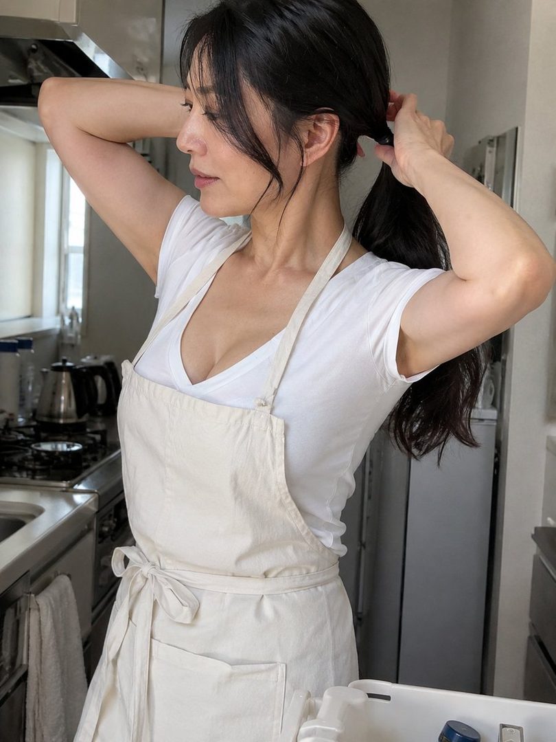 A woman with black hair in a white t-shirt and apron ties her hair back in a kitchen.