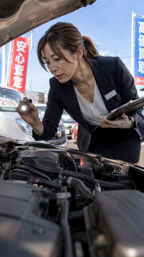A professional woman in a suit inspects a car engine with a flashlight at an outdoor car dealership.