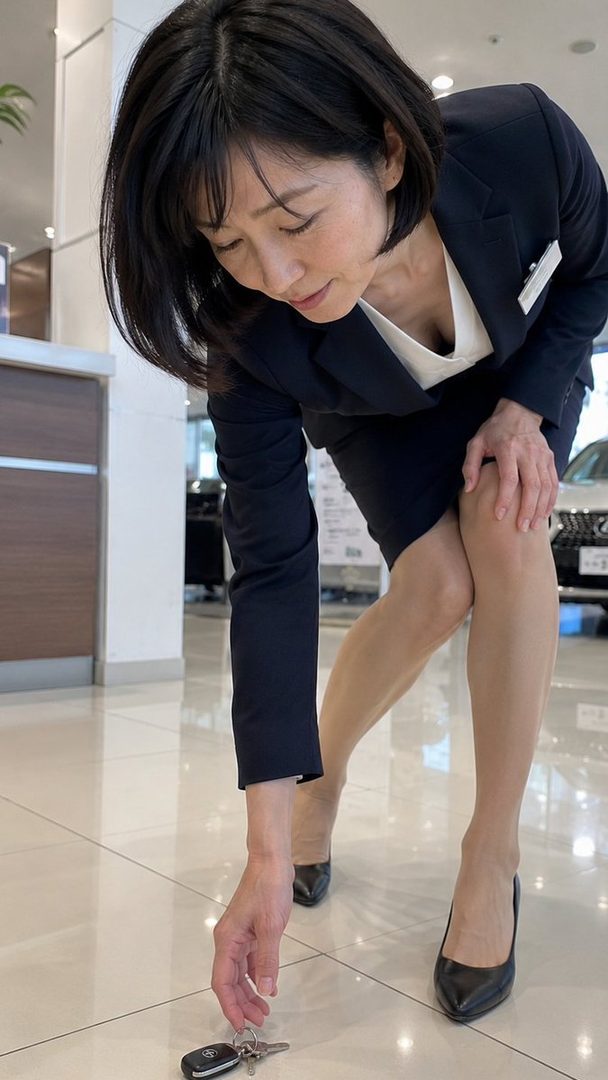A woman in a business suit bends down to pick up keys from the floor in an indoor setting.