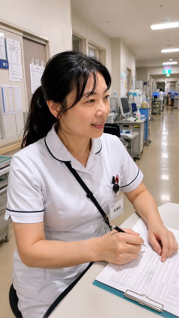 A woman with black hair tied in a ponytail, wearing a white nurse's uniform, is writing at a desk in a hospital corridor.