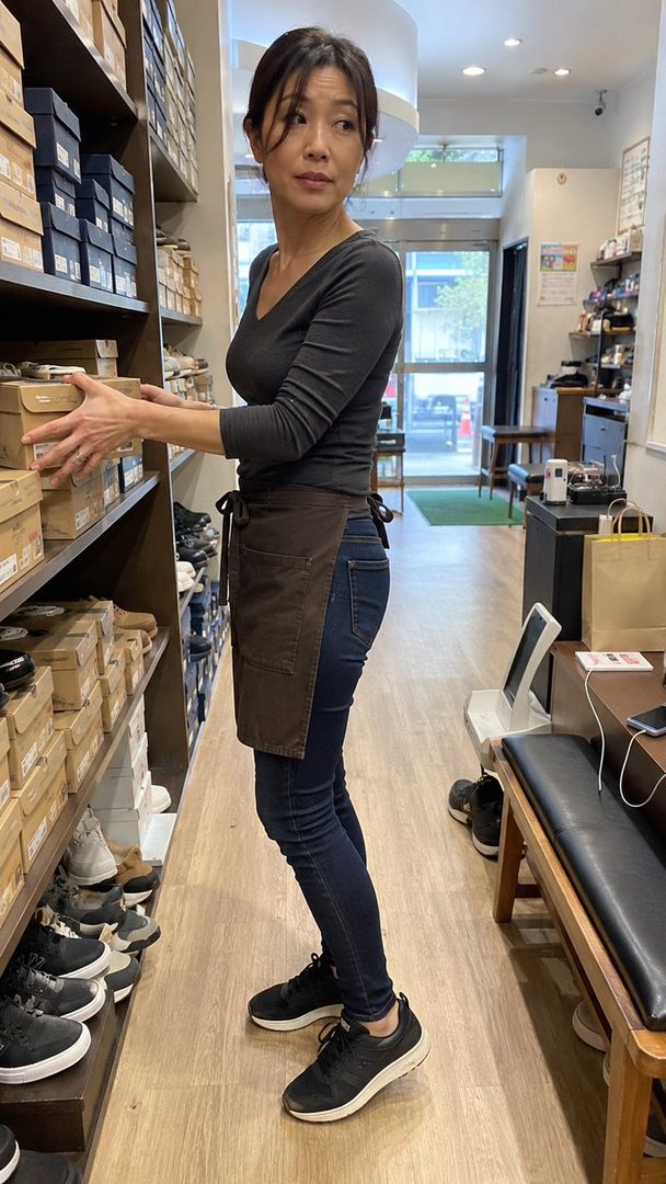 A woman in a grey top, jeans, and an apron is organizing shoe boxes on a shelf in a shoe store.