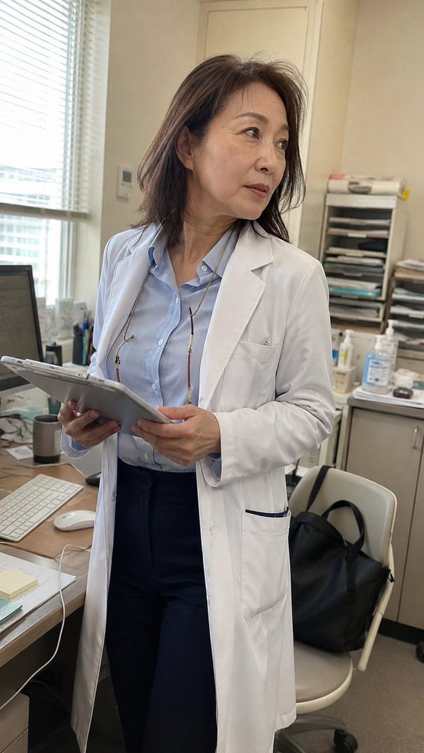 A professional-looking woman in a white lab coat and blue shirt holds a tablet in an office setting.