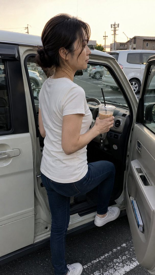 A woman with brown hair in a white t-shirt and jeans is getting into a car while holding a drink.