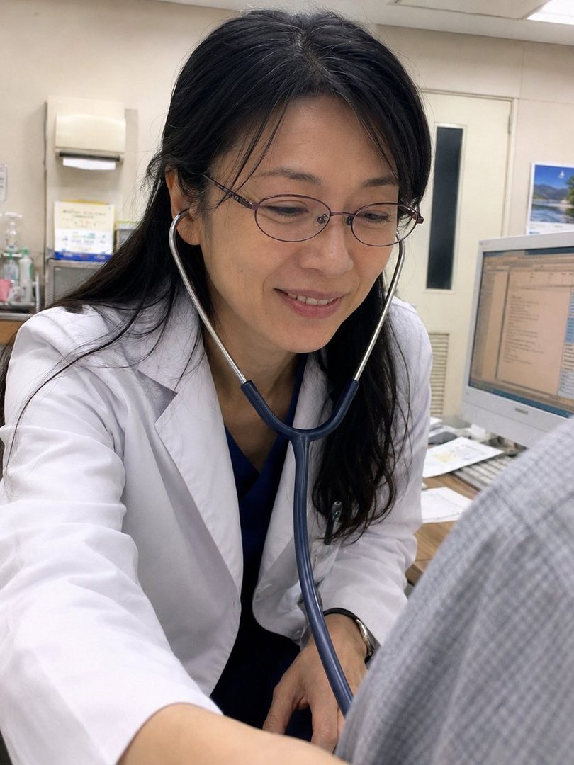 A smiling female doctor with long black hair and glasses is examining a patient with a stethoscope in an indoor setting.