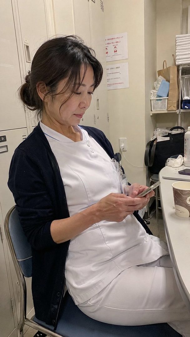 A photorealistic AI-generated image of a Japanese woman with black hair, wearing a white uniform and a black cardigan, looking at her phone indoors.