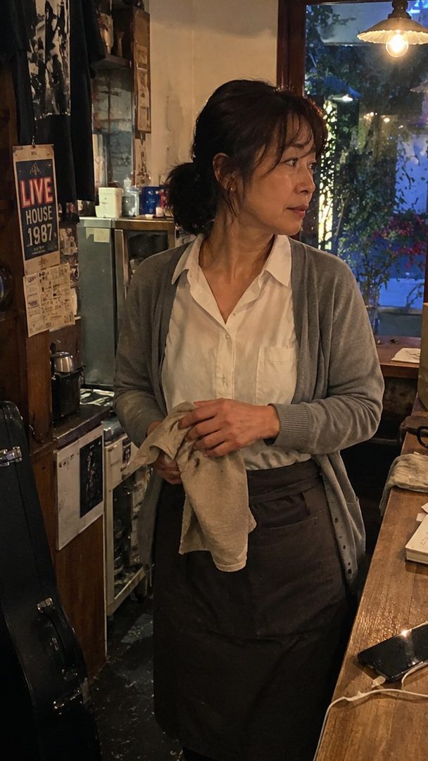 A candid portrait of a woman with brown hair tied in a ponytail, wearing a white blouse and grey cardigan, standing in a dimly lit indoor setting.