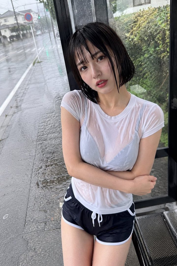 A woman with wet black hair and a wet white t-shirt stands on a rainy street.