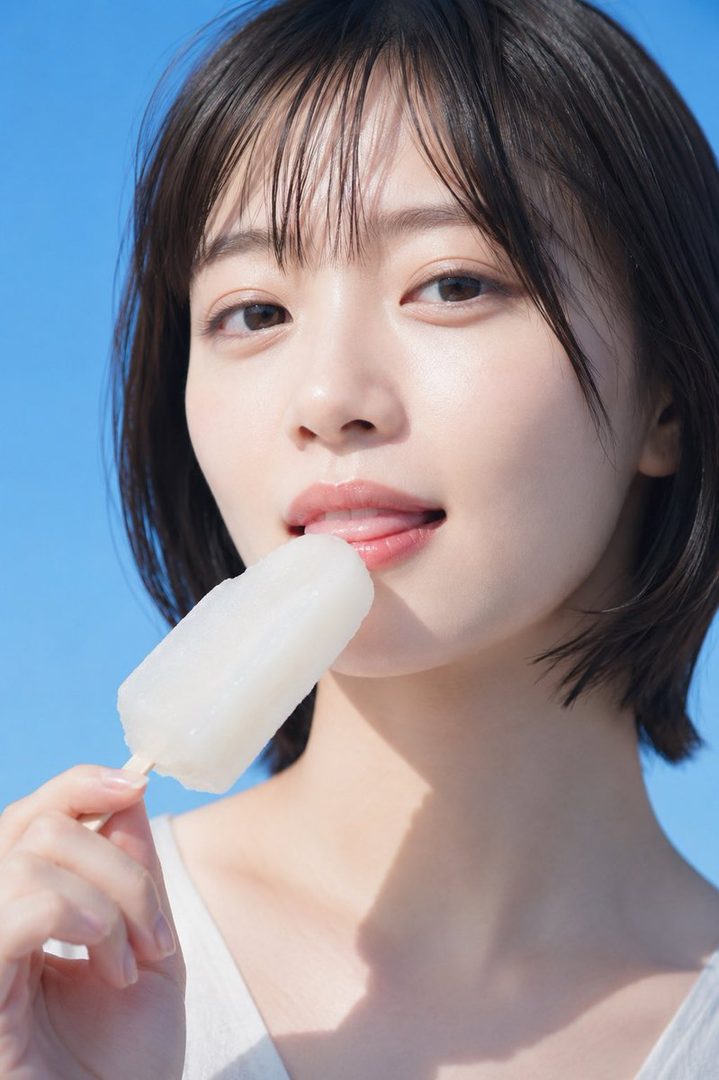 A young woman with short dark hair is shown in a close-up portrait, licking an ice pop against a clear blue sky.