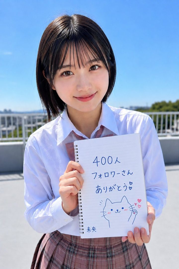 A young woman with short black hair and bangs, wearing a school uniform, smiles while holding a notebook with a thank you message and a cat drawing, under a clear blue sky.
