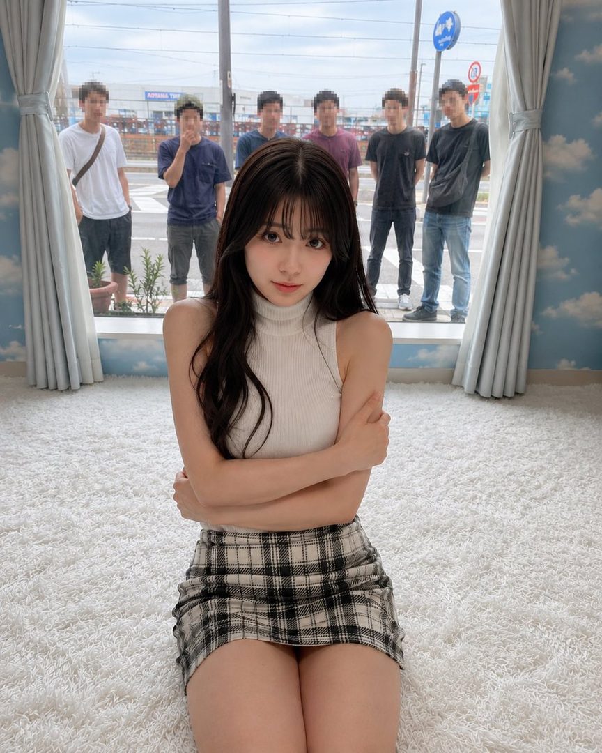 A young woman with long black hair and bangs, wearing a white sleeveless top and a plaid mini skirt, kneels on a white carpet indoors, looking directly at the viewer.