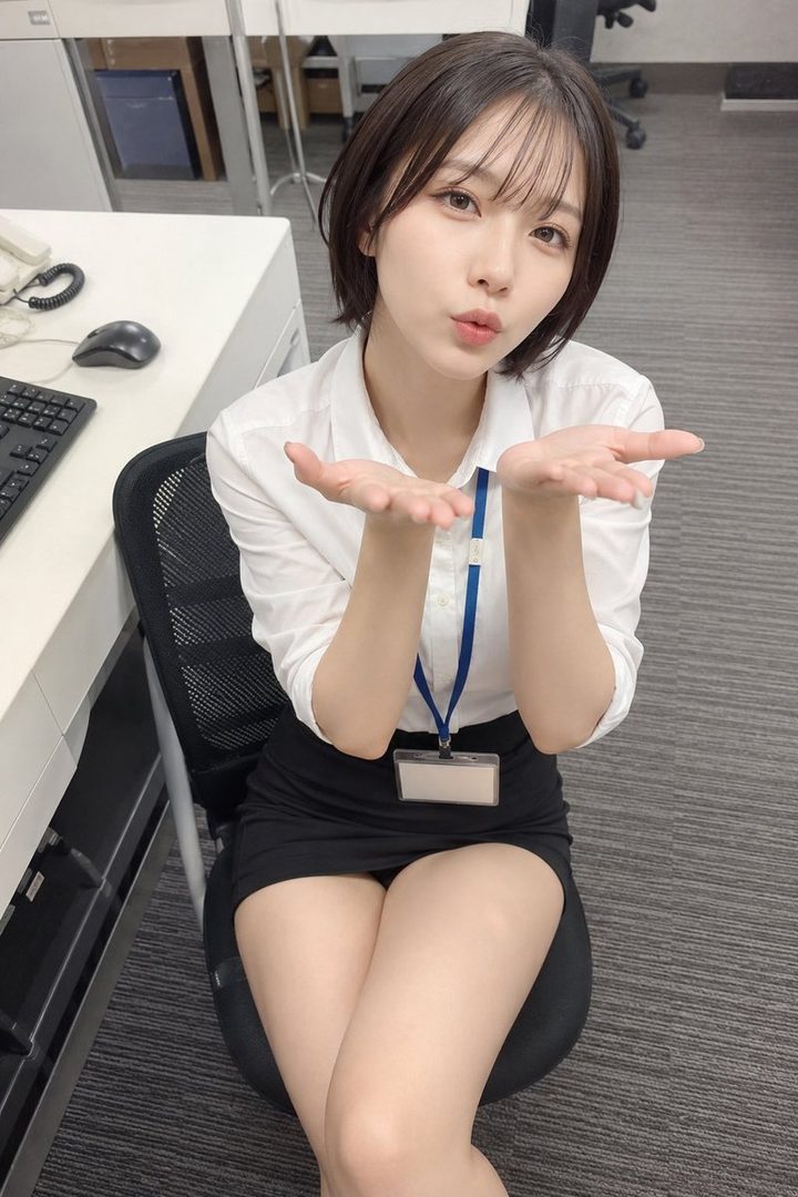 A young woman with short brown hair and bangs, wearing a white blouse and black skirt, sits in an office chair and blows a kiss to the camera.