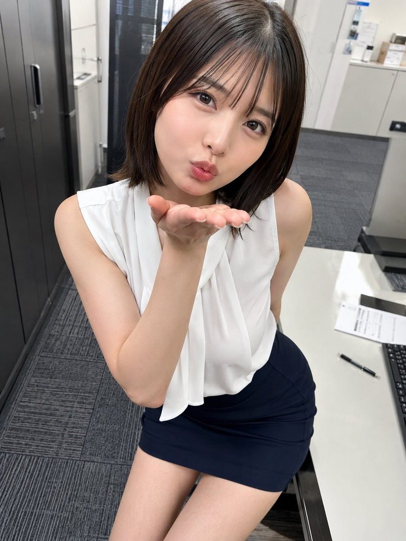 A young woman with short brown hair and bangs, wearing a white blouse and a dark skirt, blows a kiss towards the camera in an office setting.