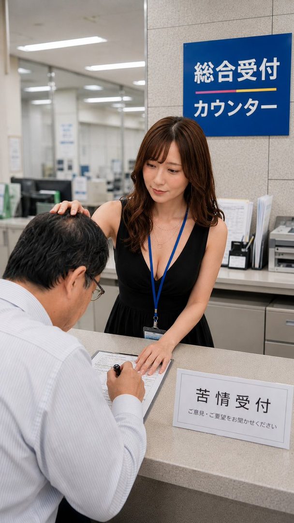 A woman in a black dress with a low neckline leans over a counter, placing her hand on a man's head as he signs a document.