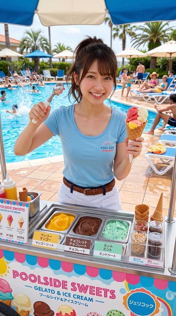 A smiling woman in a light blue t-shirt and white shorts holds an ice cream cone and scoop at a poolside gelato stand.